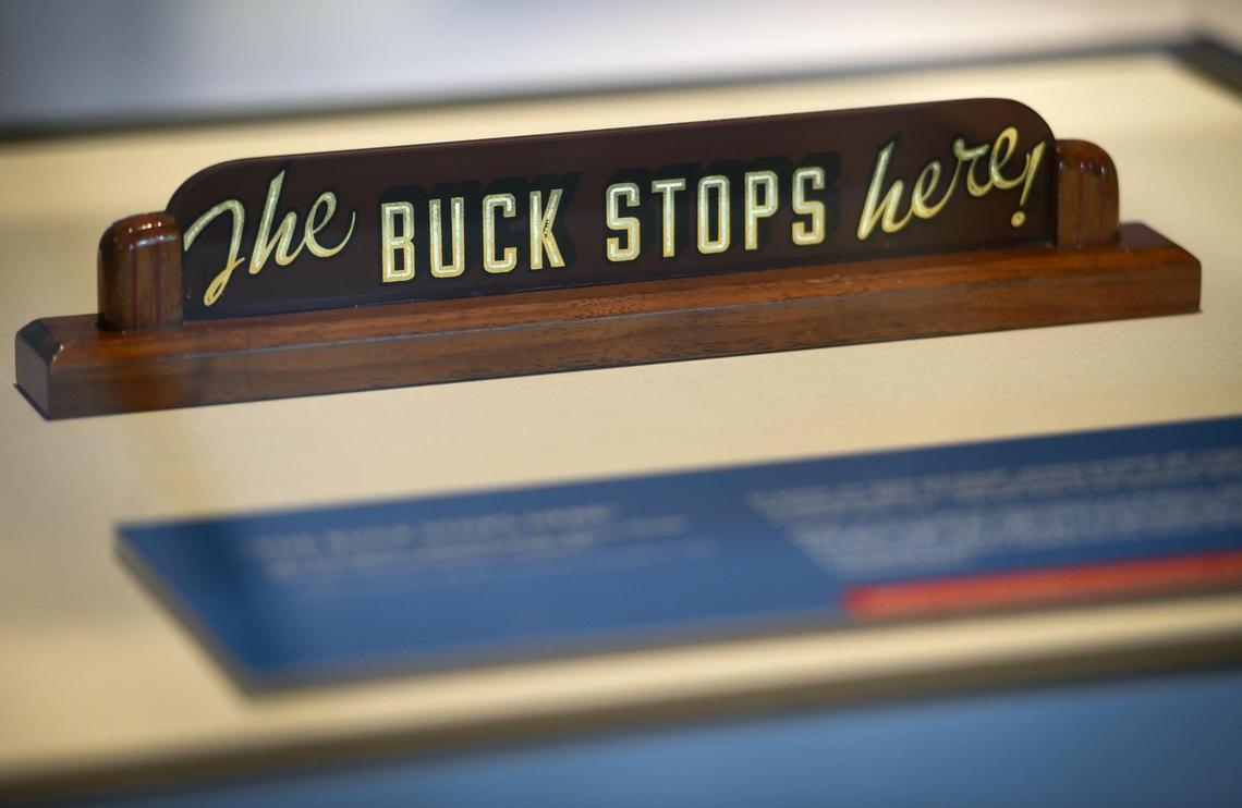 One popular item on display is Truman’s famous wooden sign on his desk reading, “The buck stops here!” It became a symbol of his sense of responsibility.