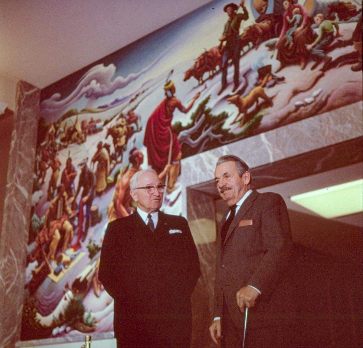 President Harry S. Truman and Thomas Hart Benton at the 1960 opening of Benton’s mural “Independence and the Opening of the West,” at the Truman Library in Independence.