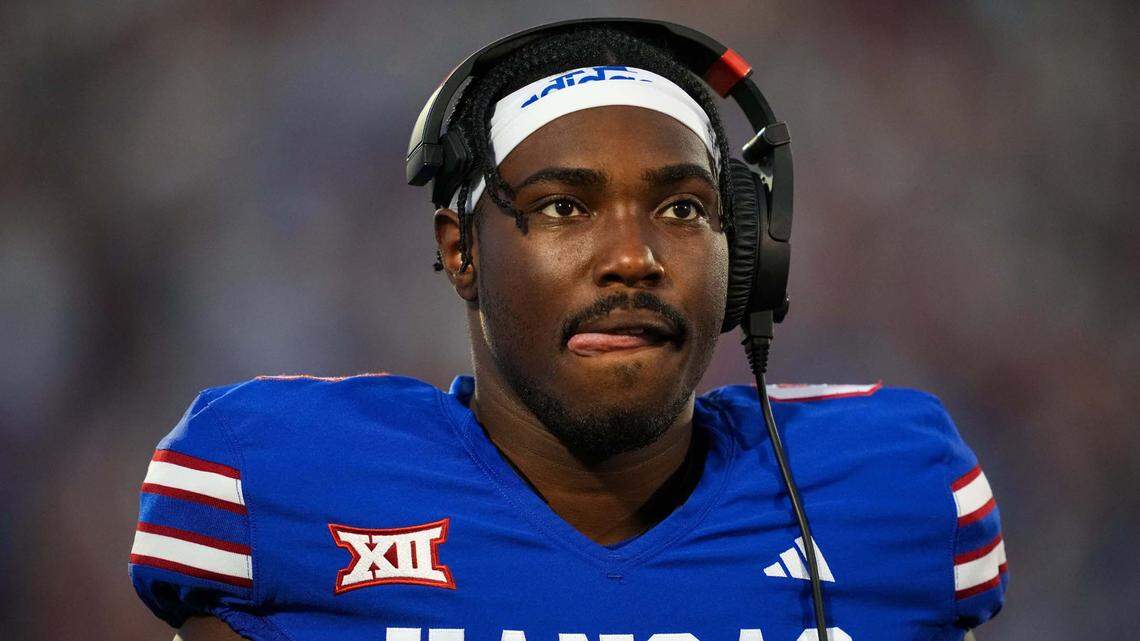 Jayhawks quarterback Jalon Daniels looks on during a timeout against the Missouri State Bears last week at David Booth Kansas Memorial Stadium.