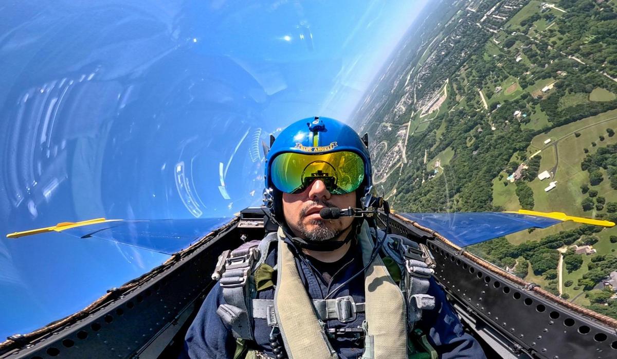 Erik Erazo, the executive Director of Student & Community Engagement with Olathe School District, flies with the U.S. Navy Blue Angels on Wednesday, Aug. 16, 2023, after taking off from the New Century Air Center in Gardner, Kansas. Erazo was selected as the Key Influencer for the 2023 Garmin KC Air Show, which honored him with a flight in an F/A 18 Super Hornet. Erazo has created programs — like his lowrider bike club — that have transformed the lives of dozens of students, while helping to reshape the community they live in.