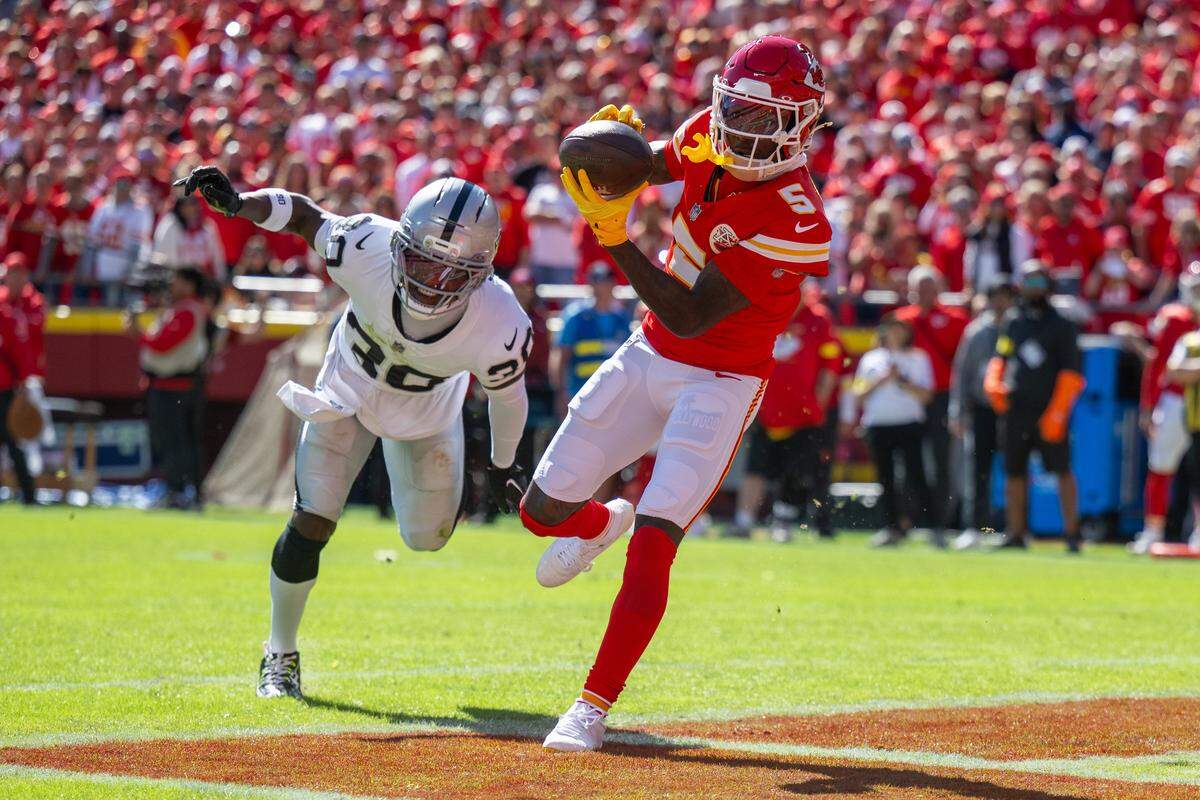 Chiefs wide receiver Marquise Brown (No. 5) catches a touchdown pass from Patrick Mahomes during the first half of an NFL Week 7 game against the Las Vegas Raiders on Sunday, Oct. 19, 2025, at GEHA Field at Arrowhead Stadium in Kansas City.