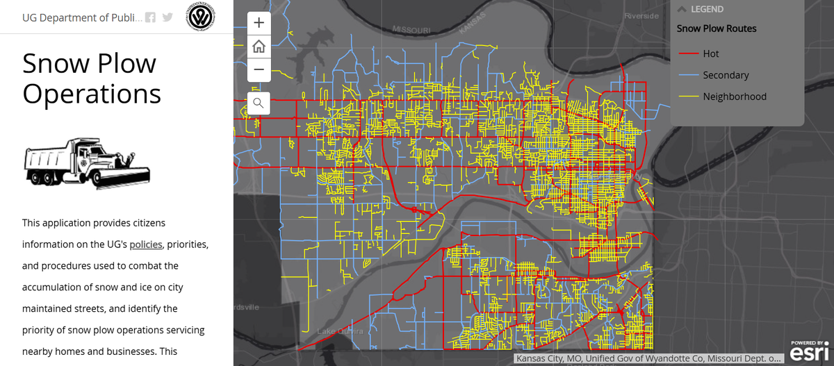 As of 3 p.m. Monday afternoon, crews in Wyandotte County had plowed all of the “Hot Routes” in red and about half of the “Secondary Routes” in blue.