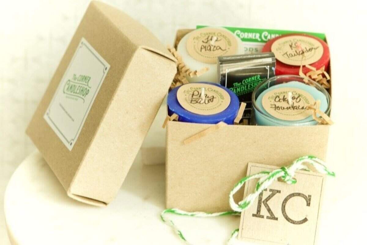 This votive candle box from The Corner Candleshop in Brookside features candles in four Kansas City-inspired scents.