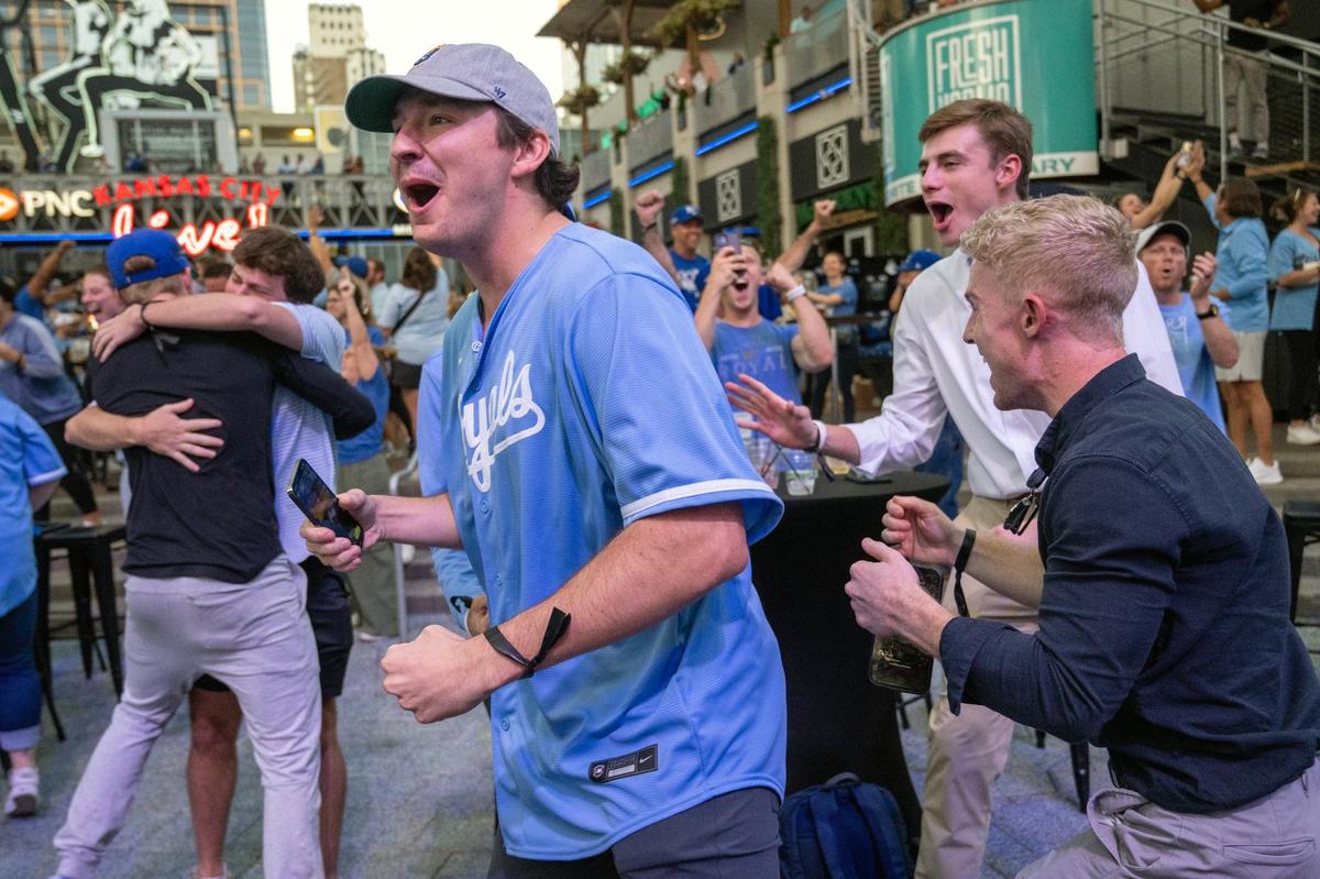 Royals fans celebrated at the Kansas City Power & Light District as the Kansas City defeated the Baltimore Orioles, 2-1, to win the Wild Card series in Balitmore on Wednesday, Oct. 2, 2024. The Royals advance to the ALDS, where they will face the Yankees in New York on Saturday.