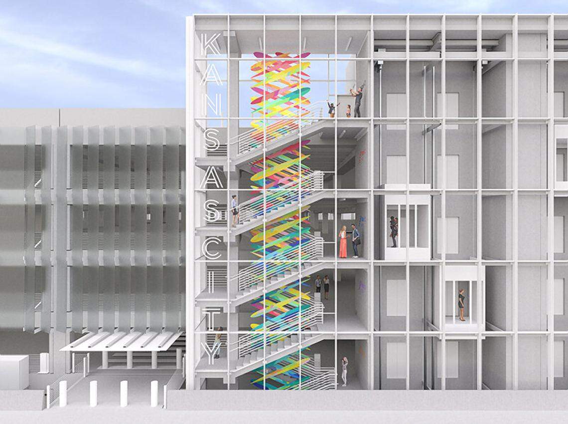 Celebrating the improvisational character of Kansas City’s jazz as well as the city’s role in the history of aviation, “Rift/Lift” by Nancy Hou and Josh de Sousa weaves together a collection of streamlined fins reminiscent of feathers and airfoils. It will run parallel to the trajectory of the switchback stairways in the parking garage.