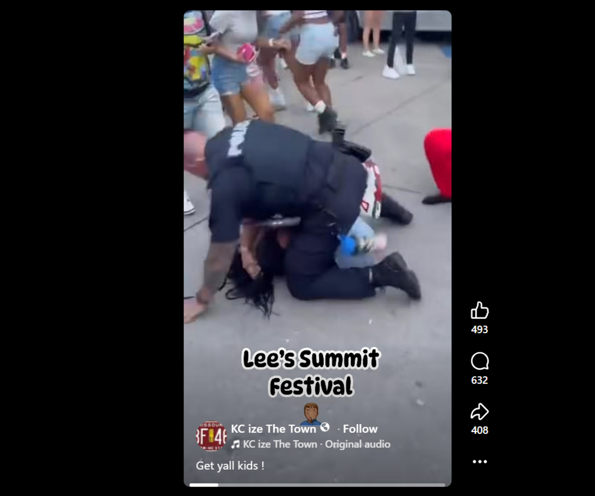 A screenshot from a video allegedly taken Saturday at the Lee’s Summit Downtown Days festival appears to show a police officer pinning down a teen. June 6, 2026.