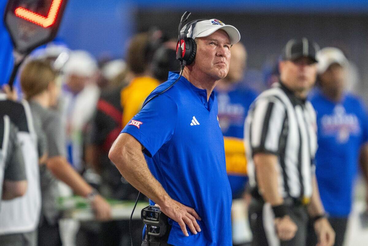 Kansas Jayhawks head coach Lance Leipold watches the scoreboard in the second half of the Jayhawks game vs. Long Island University Sharks at David Booth Memorial Stadium on Friday, September 4, 2026, in Lawrence.