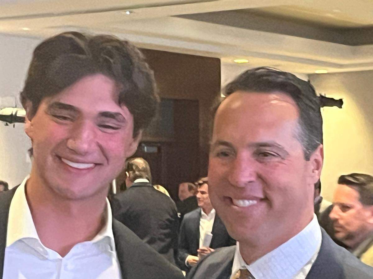Top Kansas City Royals prospect Jac Caglianone, left, enjoyed some spending time with former big-league stars like Mark Teixeira during a College Baseball Hall of Fame event in Overland Park, Kansas, on Thursday, Feb. 13, 2025.