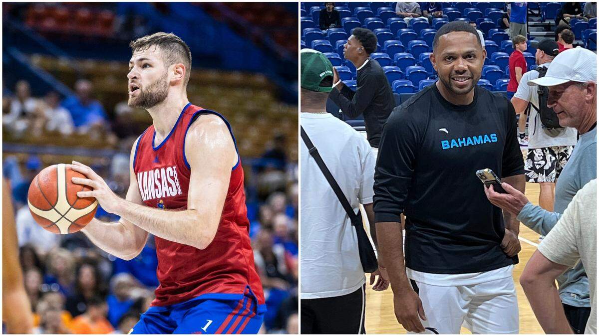 Hunter Dickinson (left) and KU basketball faced Phoenix Suns guard Eric Gordon (right) and the Bahamas National Team on Monday.