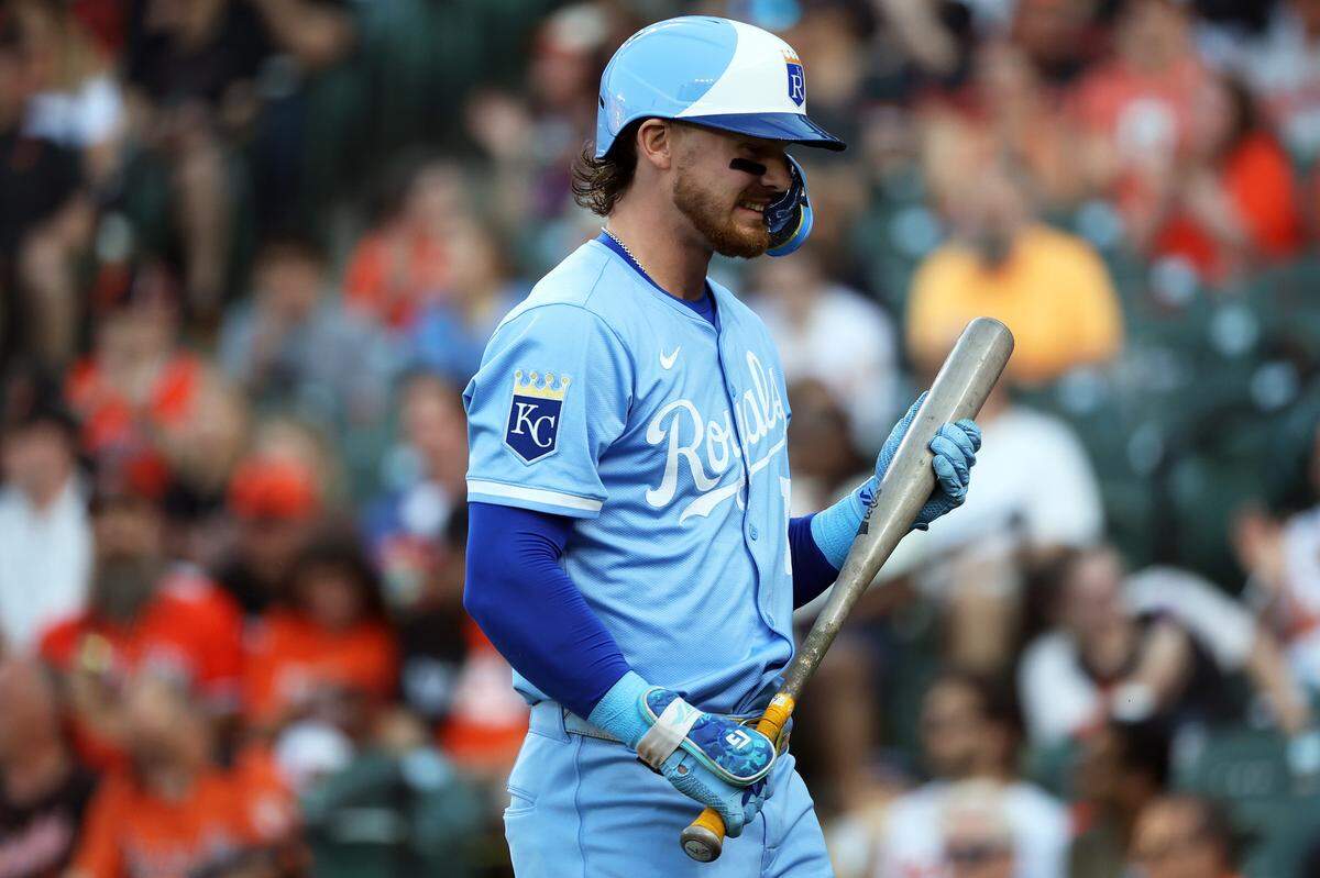 Kansas City Royals shortstop Bobby Witt Jr. (7) reacts to a strikeout during the first inning against the Baltimore Orioles at Oriole Park at Camden Yards on May 2, 2025.