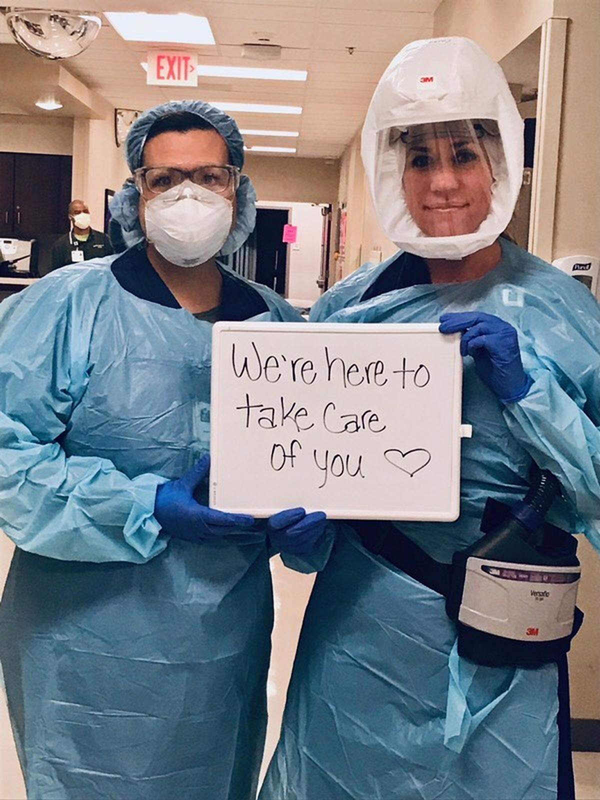 Casey Thomason (left) and Casey Rozolsky are registered nurses at Lee’s Summit Medical Center and assigned with treating potential coronavirus patients.