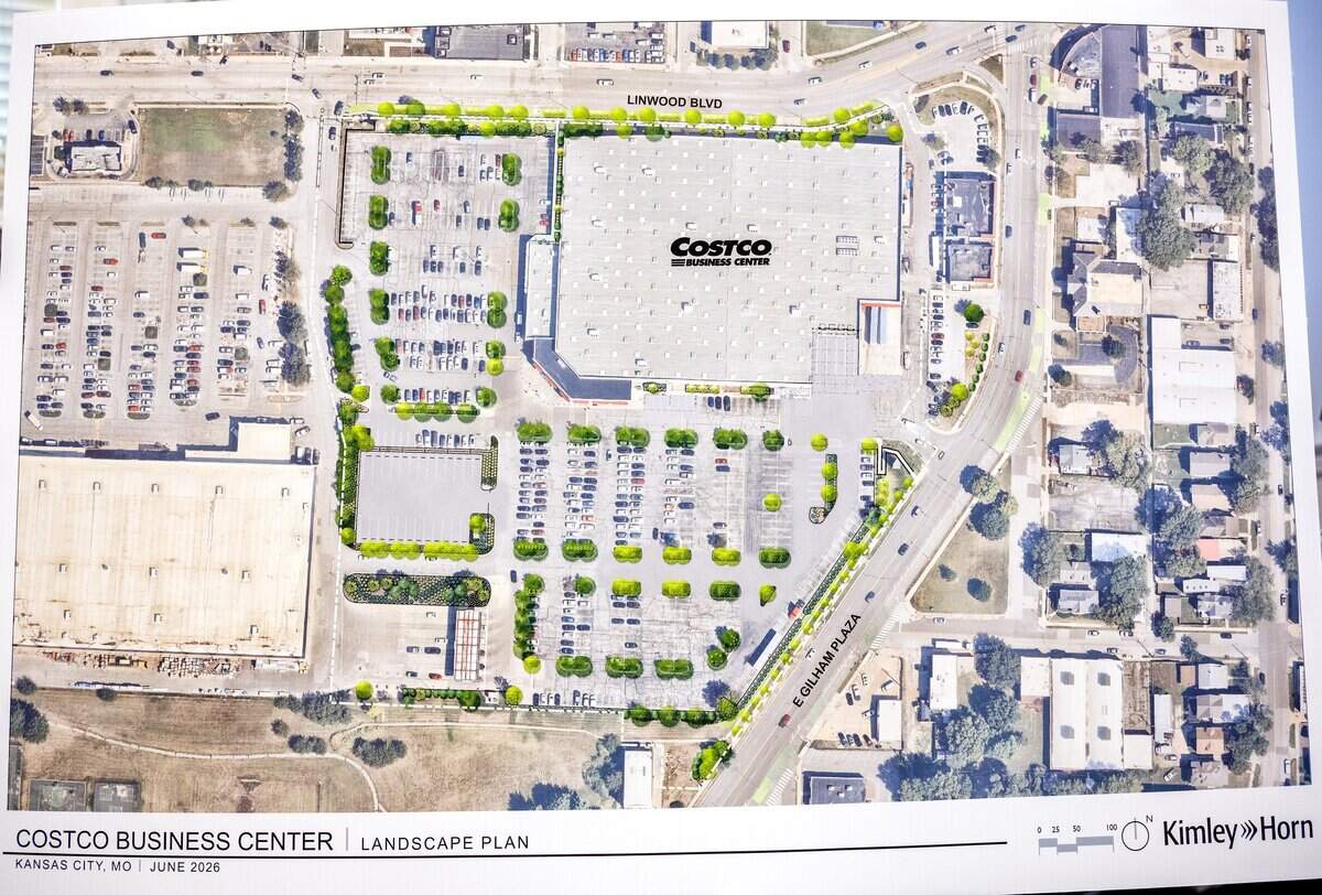 A rendering of the proposed Costco Linwood Business Center is displayed during a public meeting about the project's zoning changes at the Westport Library on Tuesday, July 7, 2026, in Kansas City.