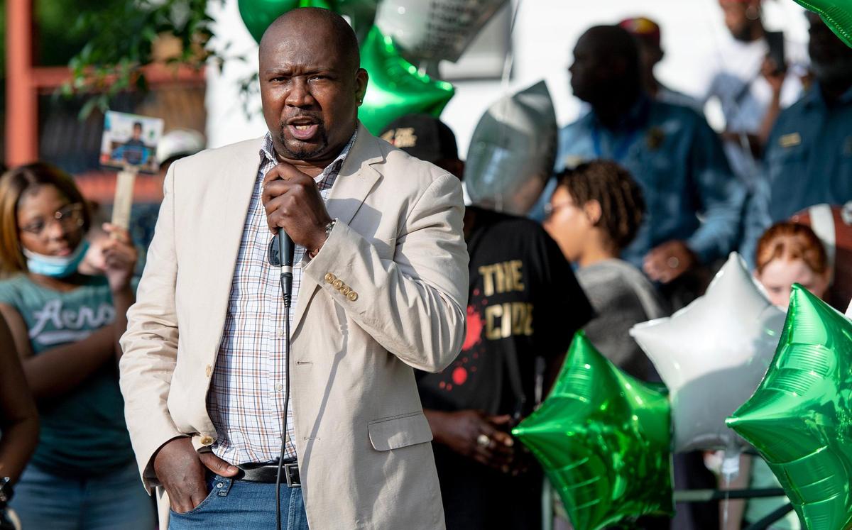 Damon Daniel, president of AdHoc, speaks during a vigil for 6-year-old Sir’Antonio Brown on Wednesday, May 10, 2023, in Kansas City, Kan. Brown was killed May 3 while playing outside his home.