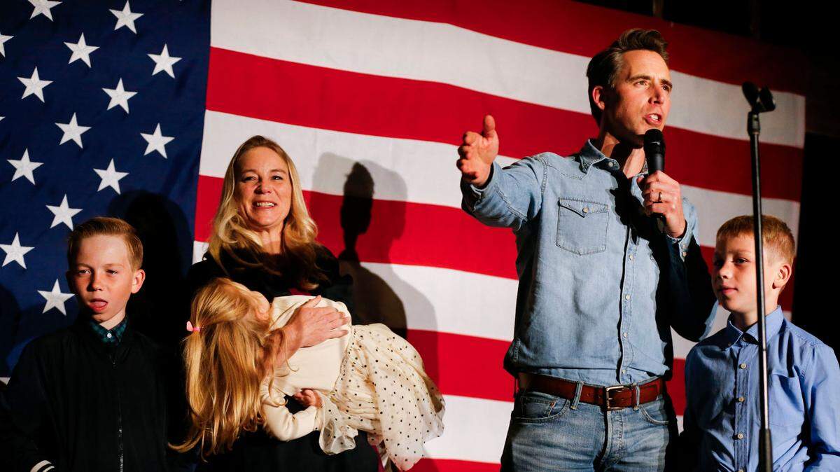 Josh Hawley thanks supporters with his family as he delivers victory speech at a watch party in Ozark, Mo. after he won a second term for U.S. Senate on Tuesday, Nov. 5, 2024.