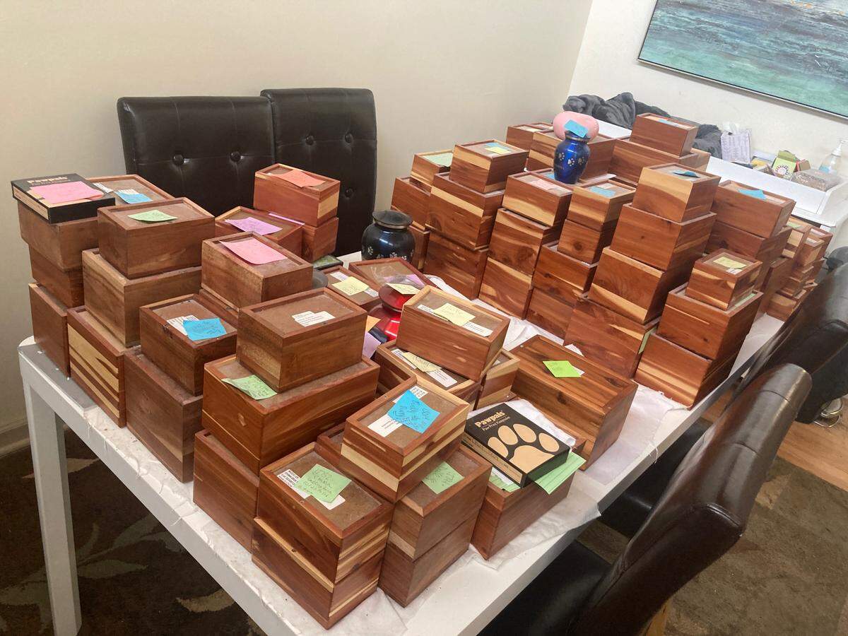 Some 125 cedar boxes, bearing the cremated remains of pets, sit stacked at Heartland Pet Aquamation in the West Bottoms, waiting to be retrieved by their owners.