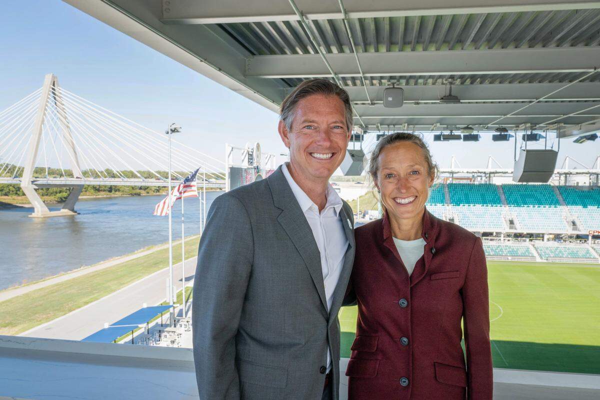 Angie and Chris Long, owners of the Kansas City Current, at CPKC Stadium on Thursday, October 16, 2025, in Kansas City. The Longs have played a major part in developing the riverfront area.
