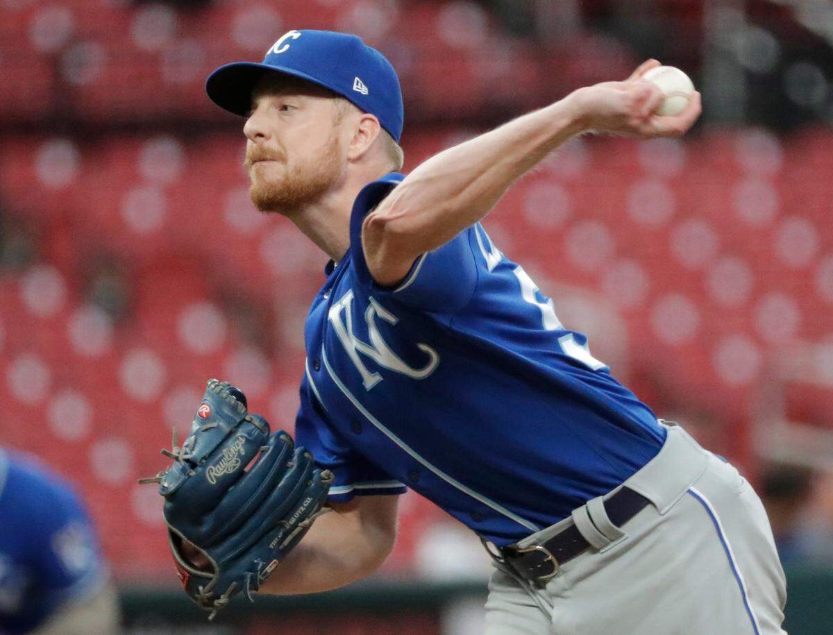 Kansas City Royals relief pitcher Richard Lovelady delivers in the ninth inning of a baseball game against the St. Louis Cardinals, Sunday, Aug. 8, 2021, in St. Louis. (AP Photo/Tom Gannam)