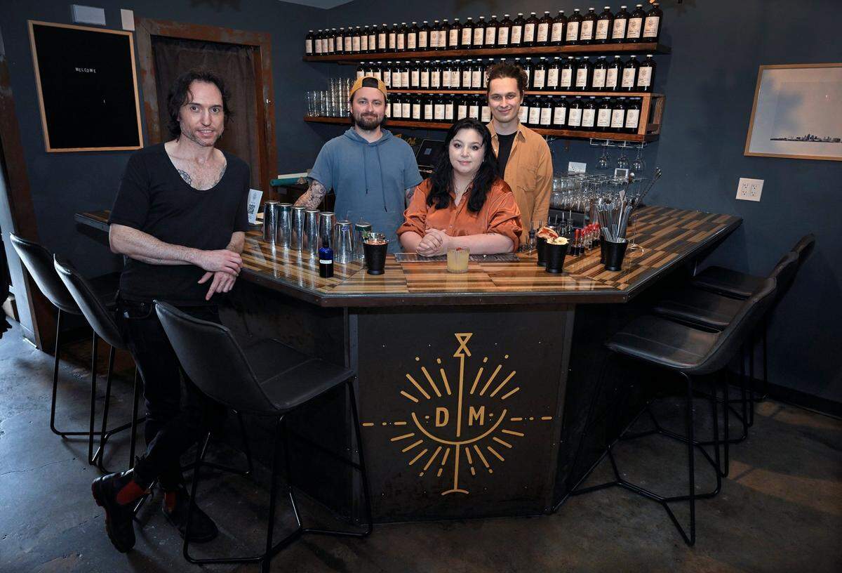 “Everybody does everything,” owner Jay Sanders said of Drastic Measures’ lean staff. On hand on a recent Thursday were, from left, Justin Burnell, Sanders, Sage Monet and Zach Domville. 