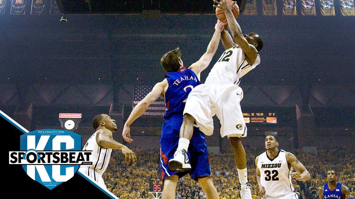 MU’s Marcus Denmon not only led all scorers with 29 points, he pulled down nine rebounds, this one over KU’s Conner Teahan. MU won 74-71 Saturday night at Mizzou Arena.