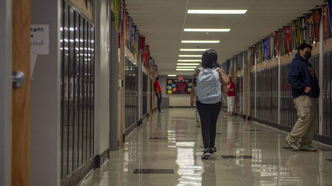 Students walk to class on their first day of school at Nowlin Middle School on Monday, Aug. 22, 2022, in Independence.