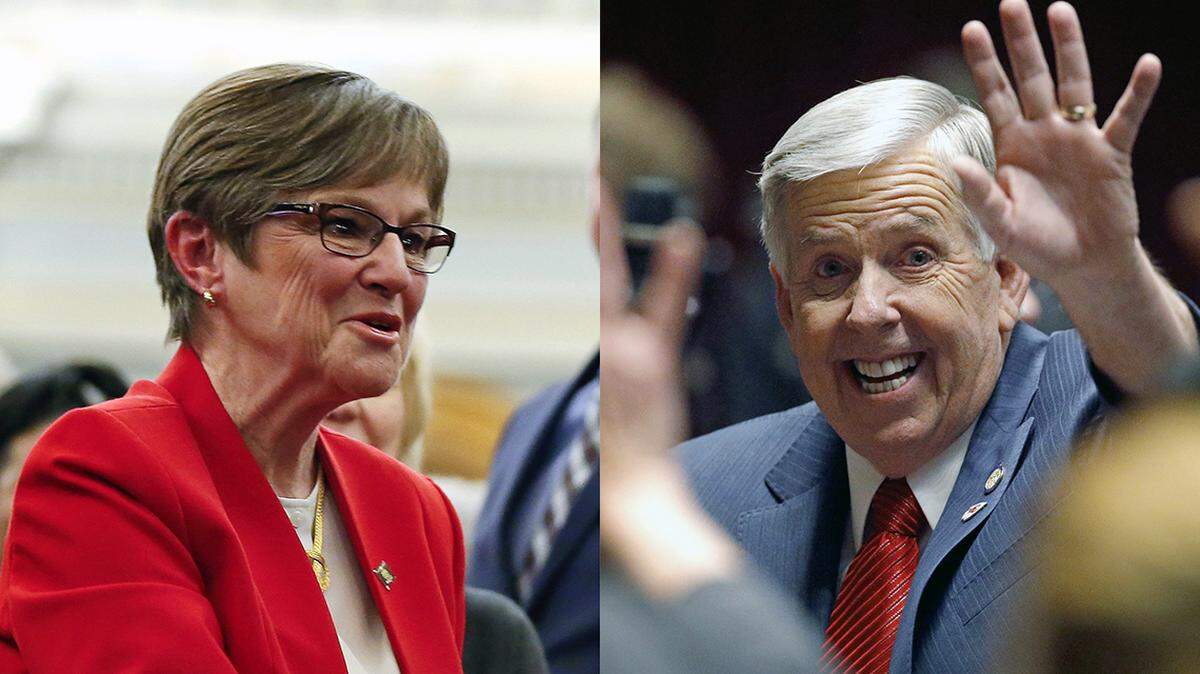 Kansas Gov. Laura Kelly, left, and Missouri Gov. Mike Parson