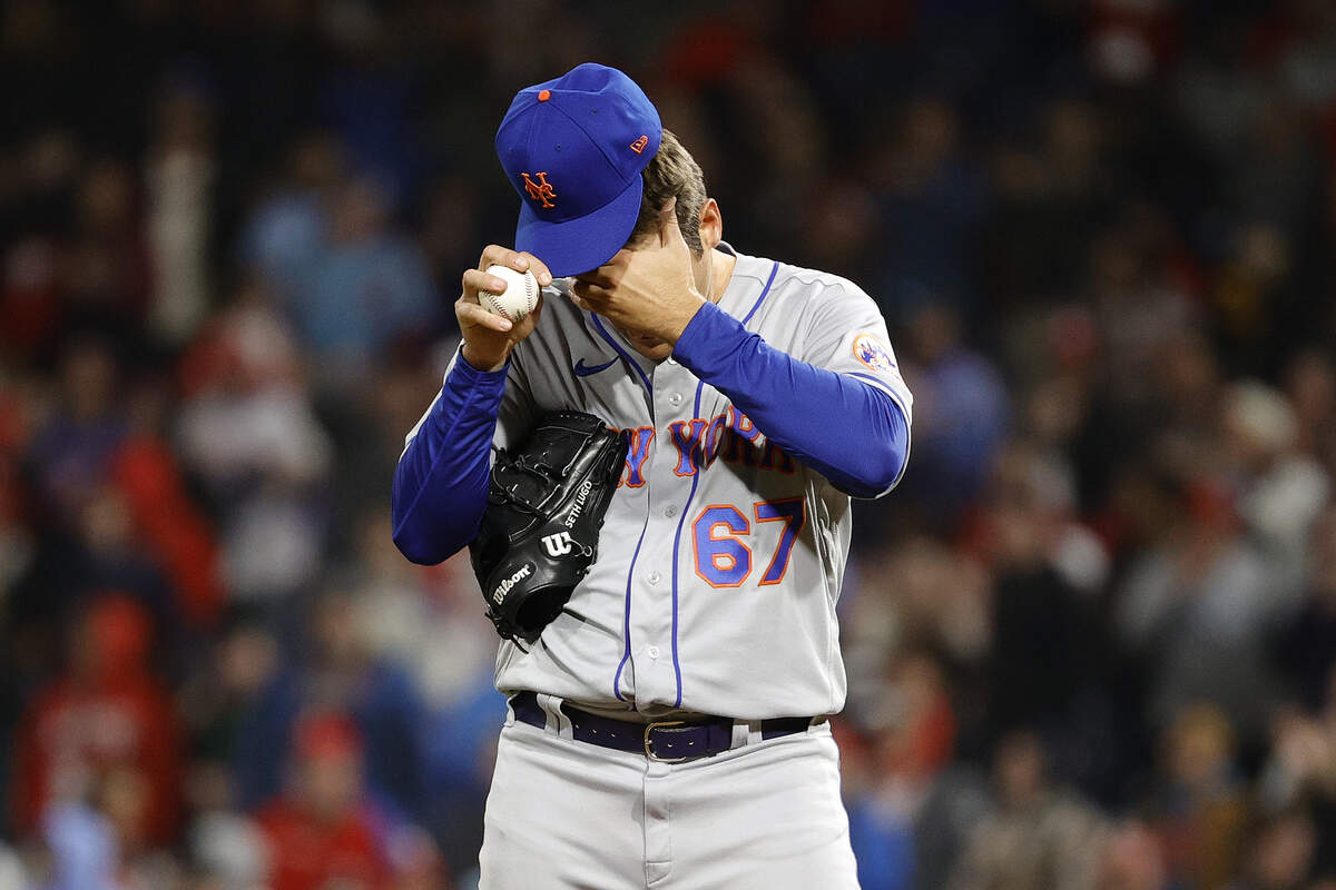 New York Mets pitcher Seth Lugo reacts during the eighth inning against the Philadelphia Phillies at Citizens Bank Park on April 11, 2022 in Philadelphia, Pennsylvania.