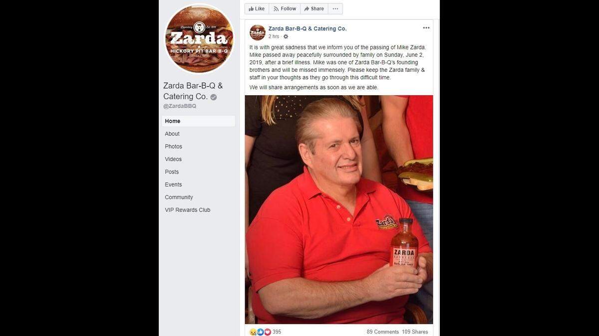 A Facebook post announced the death of Zarda’s Bar-B-Q co-founder Mike Zarda.