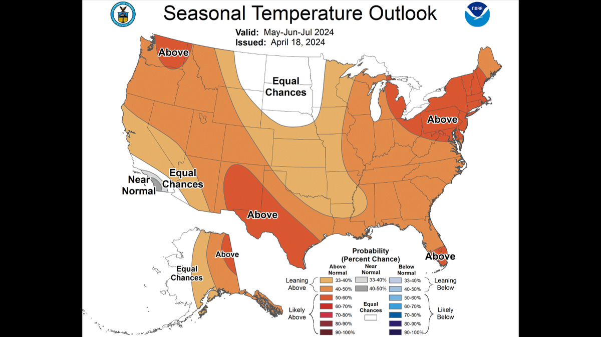 A nationwide temperature forecast for the months of May, June and July 2024 predicts higher than average temperatures in the Kansas City area this summer in this map from the National Weather Service’s Climate Prediction Center.