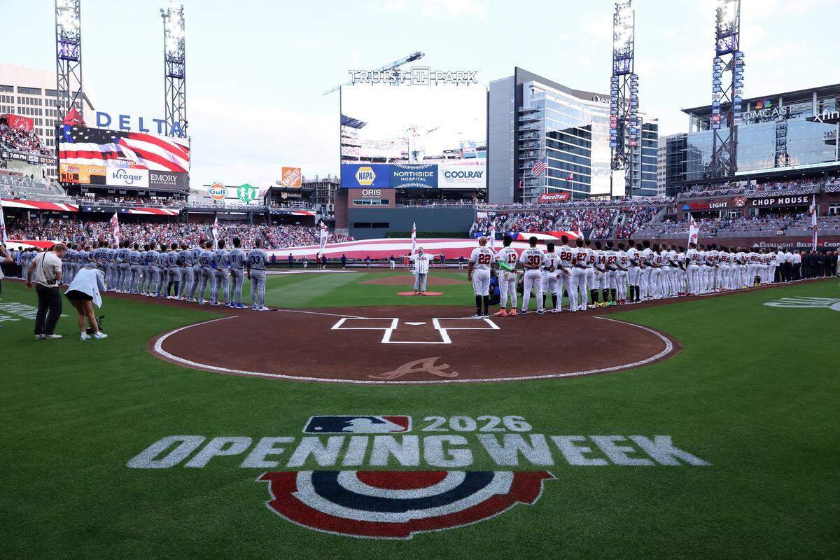 The Kansas City Royals and Atlanta Braves take the field for pre-game introductions ahead of their Major League Baseball season opener at Truist Park in Atlanta on Friday, March 27, 2026.