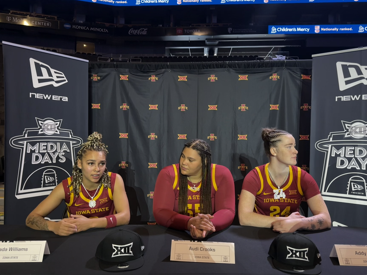 Jada Williams (left), Audi Crooks (center) and Addy Brown (right) at Big 12 Media Day on Tuesday, Oct. 21, 2025, at T-Mobile Center in Kansas City.