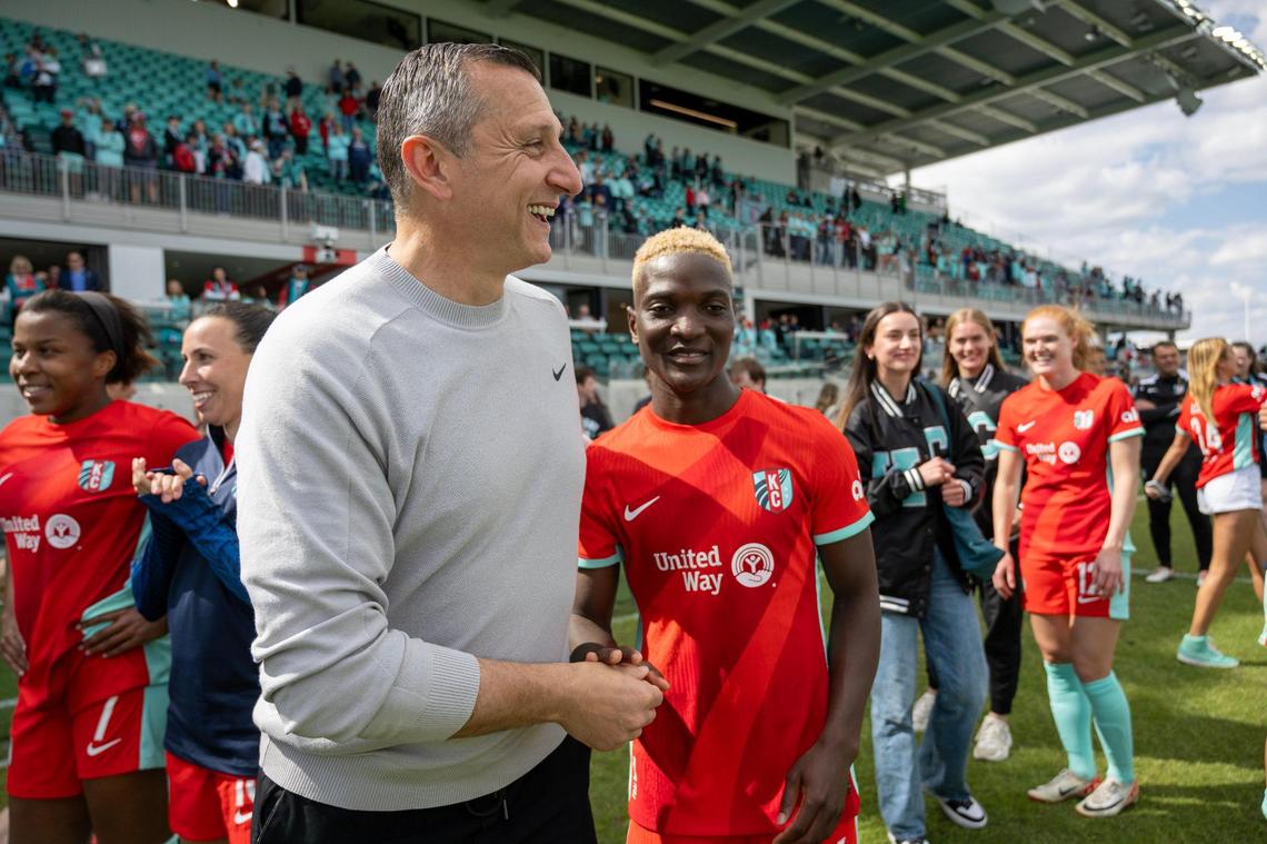 Kansas City Current Head Coach Vlatko Andonovski greets forward Temwa Chawinga (6) after the Current defeated the Portland Thorns, 5-4, in the home opener at the new CPKC Stadium on Saturday, March 16, 2024, in Kansas City.