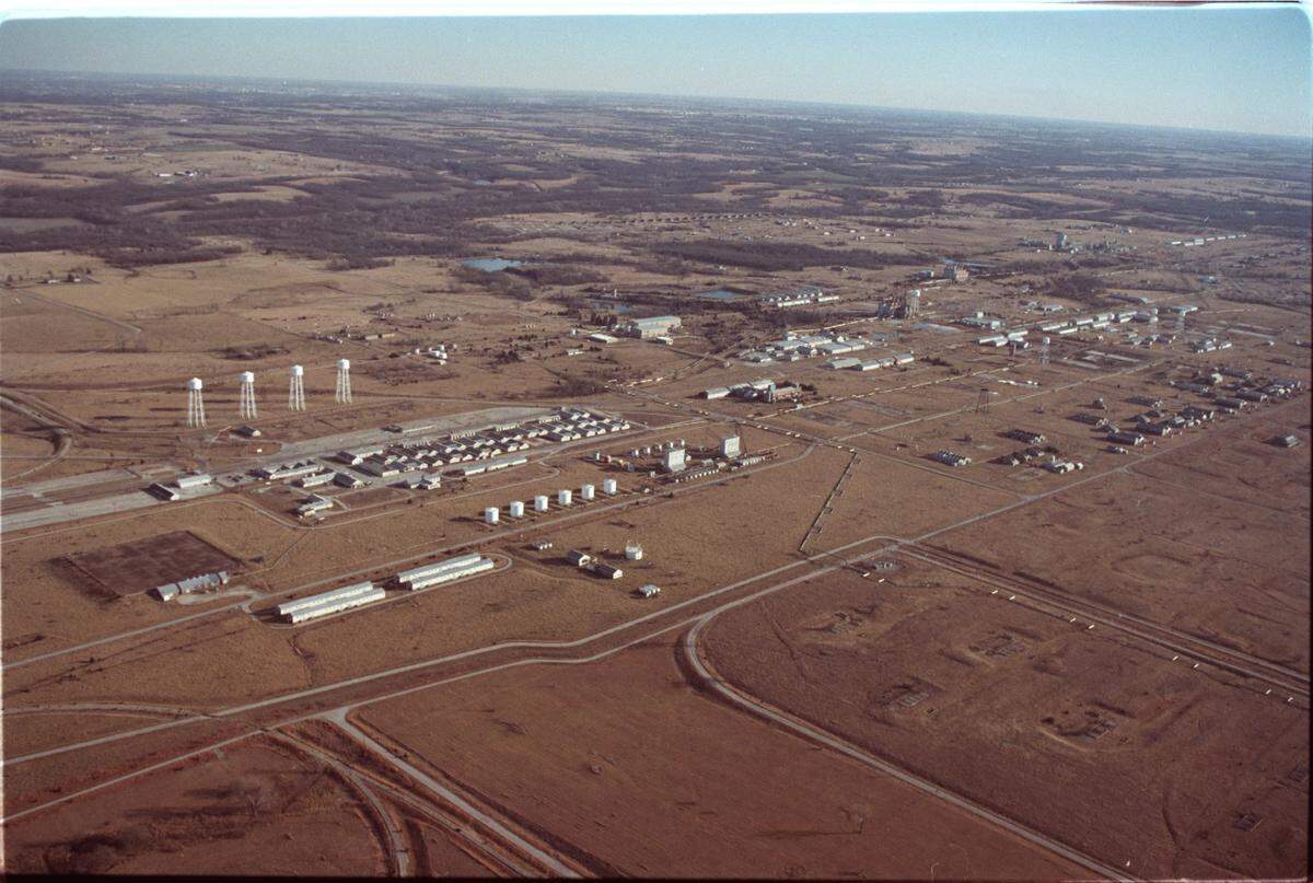 An aerial view shows the former Sunflower Army Ammunition plant, looking southeast. The campus covered 9,063 acres. Photo taken in 2000.  