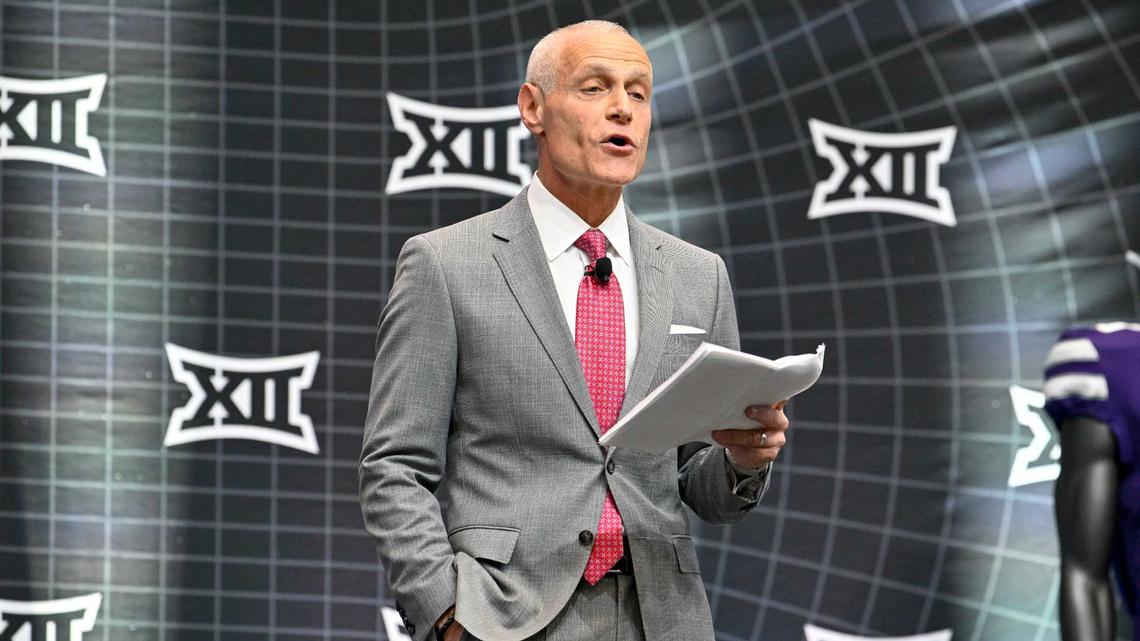 Big 12 commissioner Brett Yormark speaks to the press during Big 12 football media days at AT&T Stadium in Arlington, Texas, on July 12, 2023.
