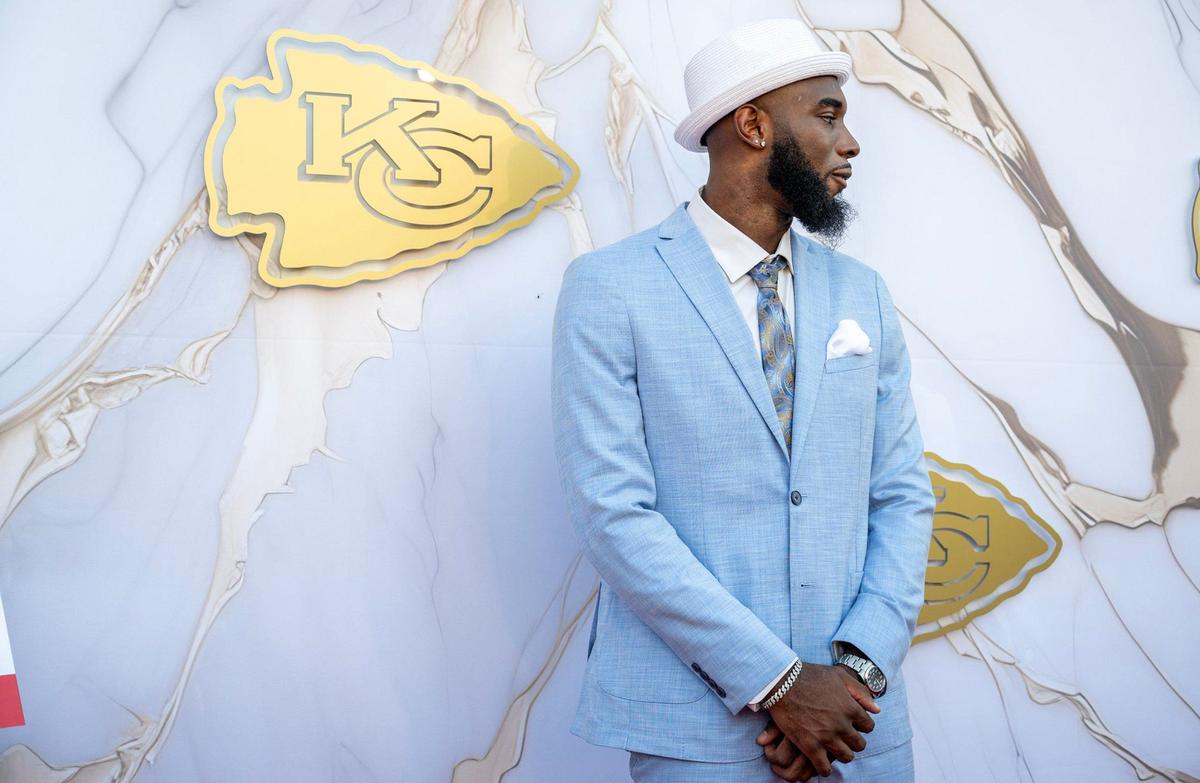 Kansas City Chiefs defensive end BJ Thompson looked sharp on the red carpet before the Super Bowl LVIII championship ring presentation event.
