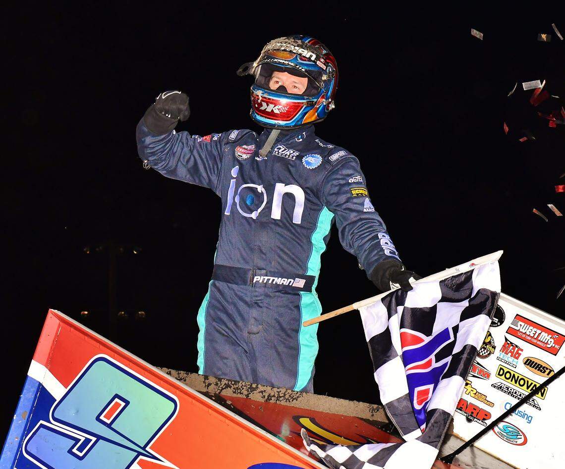 Daryn Pittman fought his way to victory lane at Lakeside Friday.