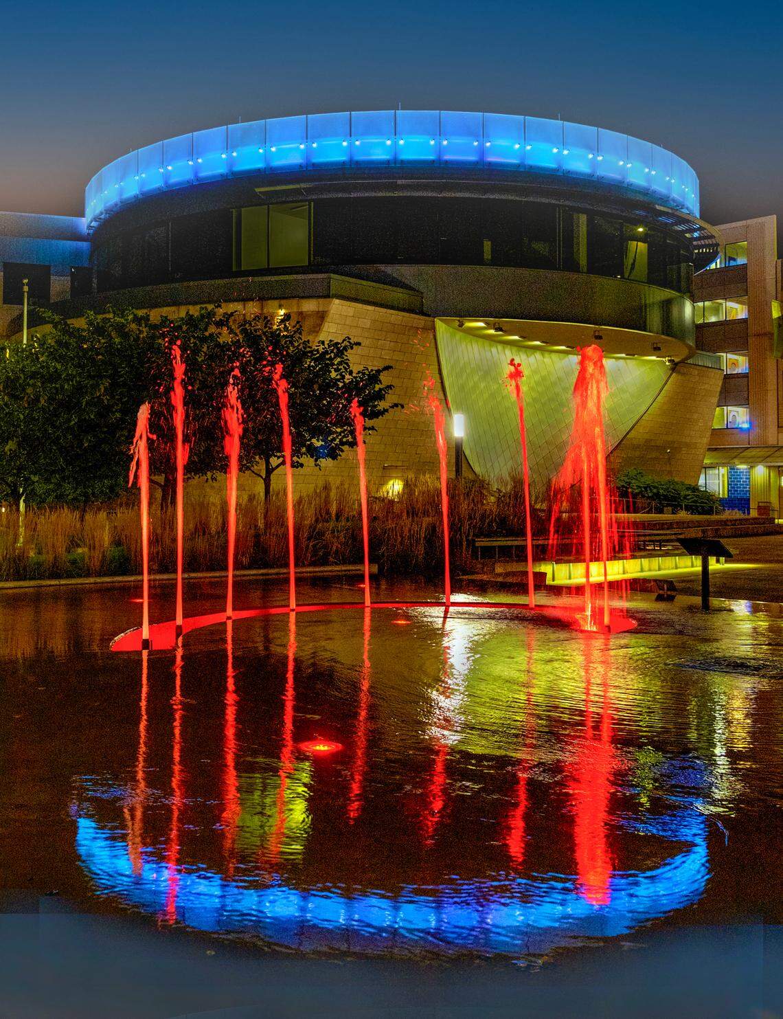 Lighted fountains brighten up Lenexa City Center, a sprawling downtown off of Interstate 435 in Johnson County.