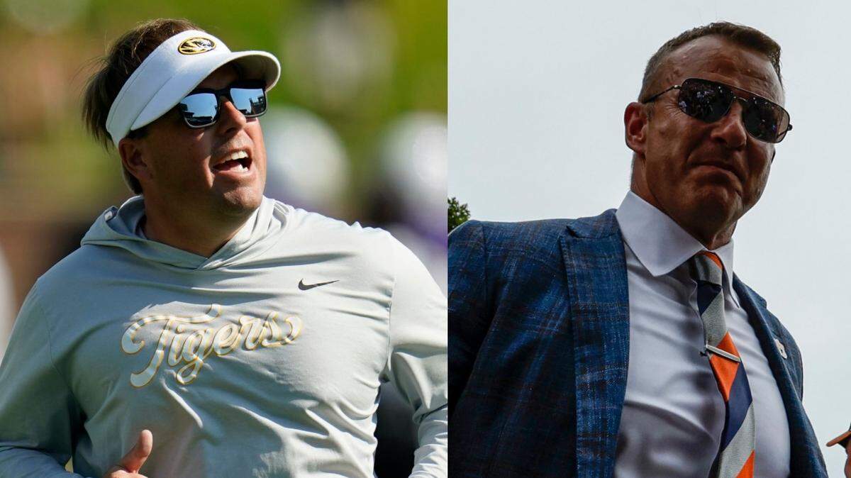 It’s the Missouri Tigers of coach Eliah Drinkwitz, left, vs. the Auburn Tigers of coach Bryan Harsin on Saturday in Alabama in MU’s SEC opener.