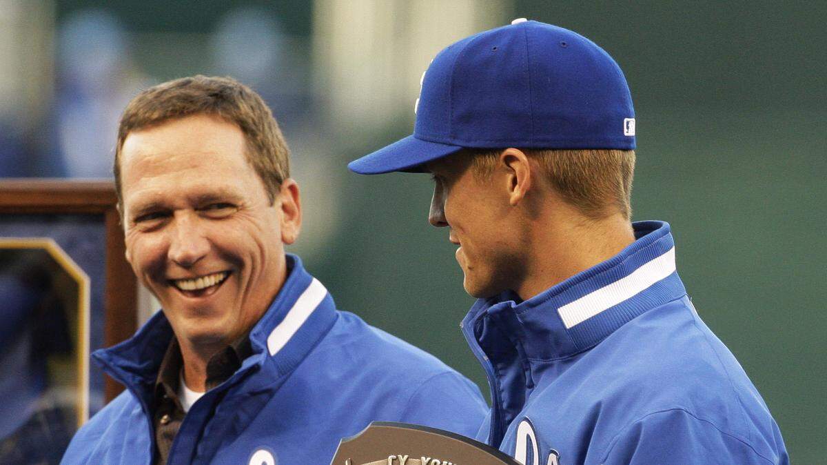 Former Kansas City Royals pitcher and Cy Young award winner David Cone (left) stood with Zack Greinke during a ceremony before a game between the Royals and Red Sox in 2010.
