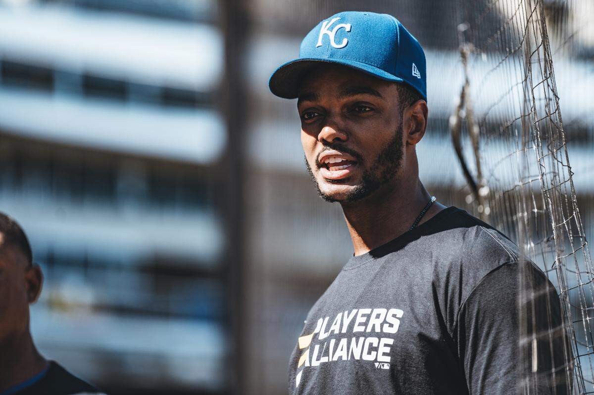 Kansas City Royals center fielder Michael A. Taylor speaks to a group of local youths before a game against the Seattle Mariners at Kauffman Stadium on Sunday September 19, 2021, in Kansas City, Mo (Photo by Jason Hanna/Kansas City Royals)