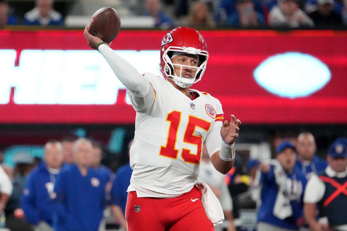 Kansas City Chiefs quarterback Patrick Mahomes looks to pass during an NFL Week 3 game against the New York Giants at MetLife Stadium in East Rutherford, New Jersey, on Sunday, Sept. 21, 2025.