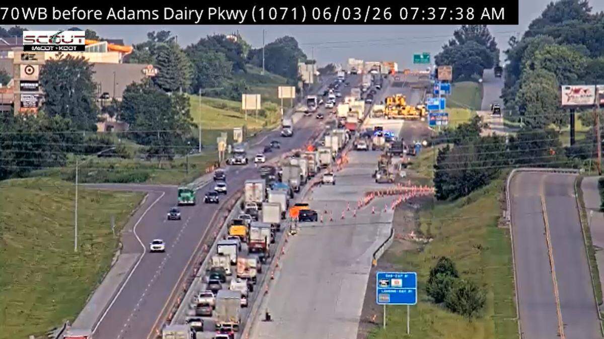 Traffic is seen slowed at a construction zone on Interstate 70 in Blue Springs just after 7:30 a.m. A crash left lanes near the Adams Dairy Parkway onramp closed for some time while first responders cleared the area.