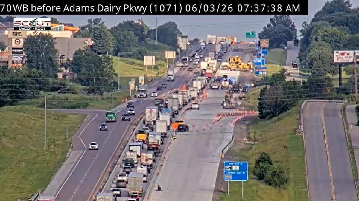 Traffic is seen slowed at a construction zone on Interstate 70 in Blue Springs just after 7:30 a.m. A crash left lanes near the Adams Dairy Parkway onramp closed for some time while first responders cleared the area.