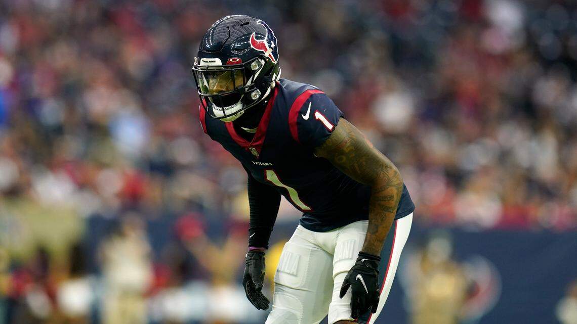 Houston Texans defensive back Lonnie Johnson Jr. (1) lines up for the snap during an NFL football game against the Tennessee Titans, Sunday, Jan. 9, 2022, in Houston. (AP Photo/Matt Patterson)