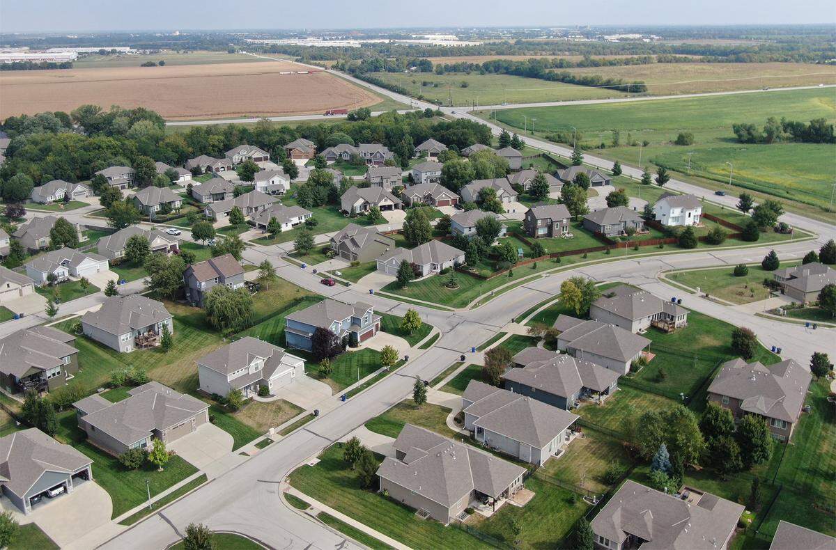 Olathe residents of the Nottington Creek neighborhood are concerned about a proposed 146-acre cold storage facility from Lineage Logistics that is proposed for the northeast corner of West 175th Street and Lone Elm Road, upper right, on the north side of 175th St. Their neighborhood is less than half-mile from the proposed site and residents worry about the potential impacts on traffic, safety, and air quality, and a decline in their property values. The subdivision is seen on Tuesday, Sept. 16, 2025.