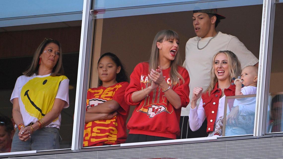 Taylor Swift joined the family of Kansas City Chiefs quarterback Patrick Mahomes in a suite at GEHA Field at Arrowhead Stadium on Sunday. From left: mom Randi Mahomes, sister Mia Randall, Swift, brother Jackson Mahomes, wife Brittany Mahomes and son Bronze.