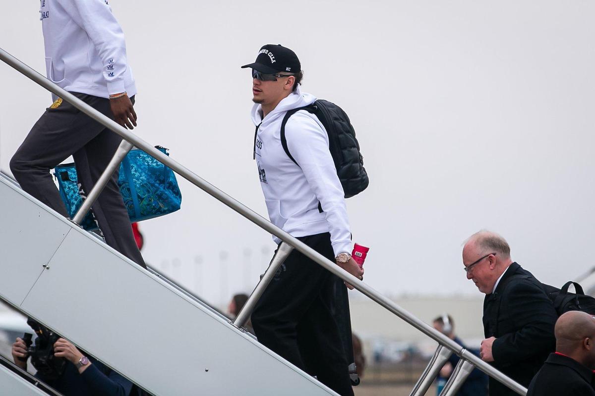 Kansas City Chiefs quarterback Patrick Mahomes boards a chartered United flight on their way to Las Vegas for Super Bowl LVIII on Sunday February 4, 2024 at KCI Airport in Kansas City, Missouri.