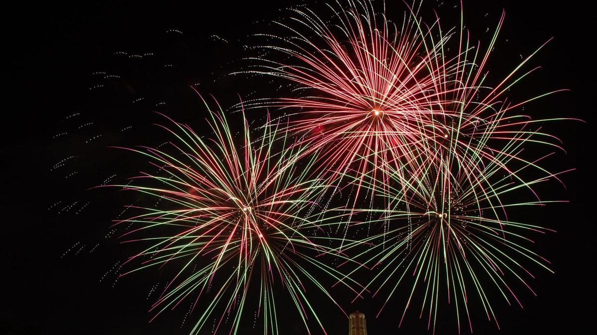 Fireworks burst over the tower at the National WWI Museum and Memorial Thursday, July 4, 2024, in Kansas City.