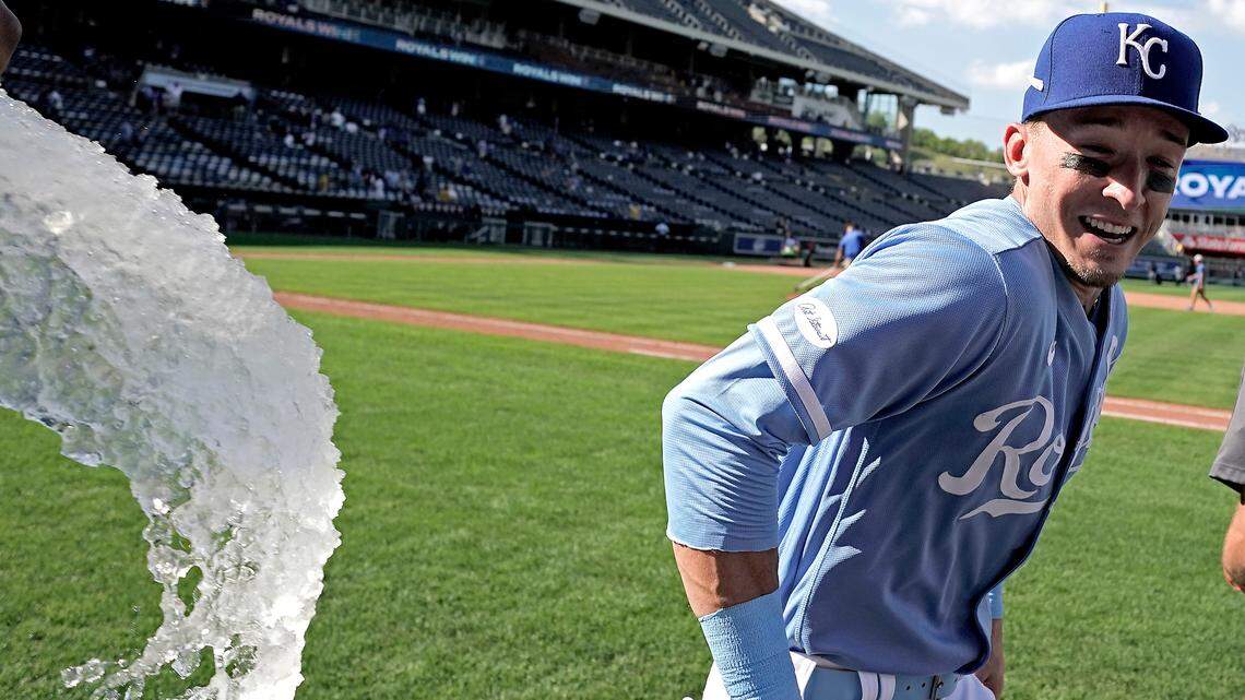 Kansas City Royals’ Drew Waters is doused by MJ Melendez (1) after their baseball game against the Chicago White Sox Monday, Aug. 22, 2022, in Kansas City, Mo. The Royals won 6-4. (AP Photo/Charlie Riedel)