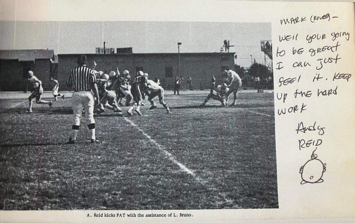 Andy Reid’s high school yearbook message to friend Mark LaBonge, complete with a little doodle signature Reid used to do.