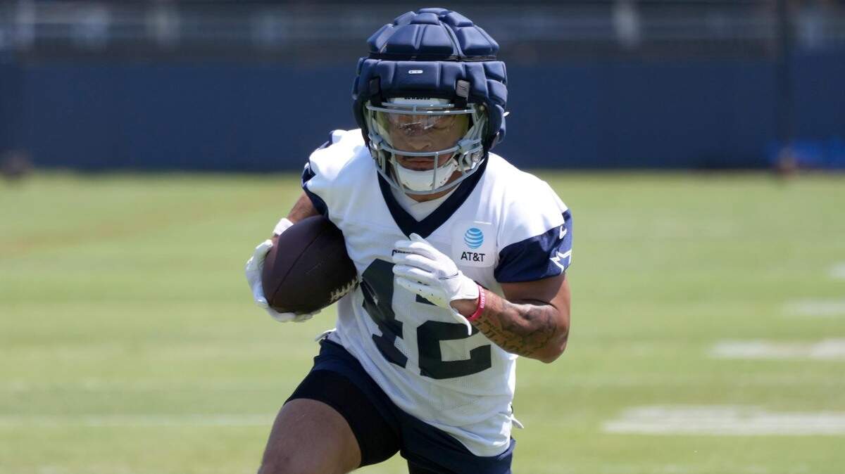 Jul 29, 2023; Oxnard, CA, USA; Dallas Cowboys running back Deuce Vaughn (42) during training camp at the River Ridge Fields. Mandatory Credit: Kirby Lee-USA TODAY Sports